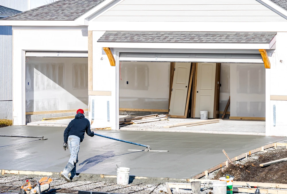 Worker resurfaces a concrete driveway in front of a new white garage with open bays and construction materials.